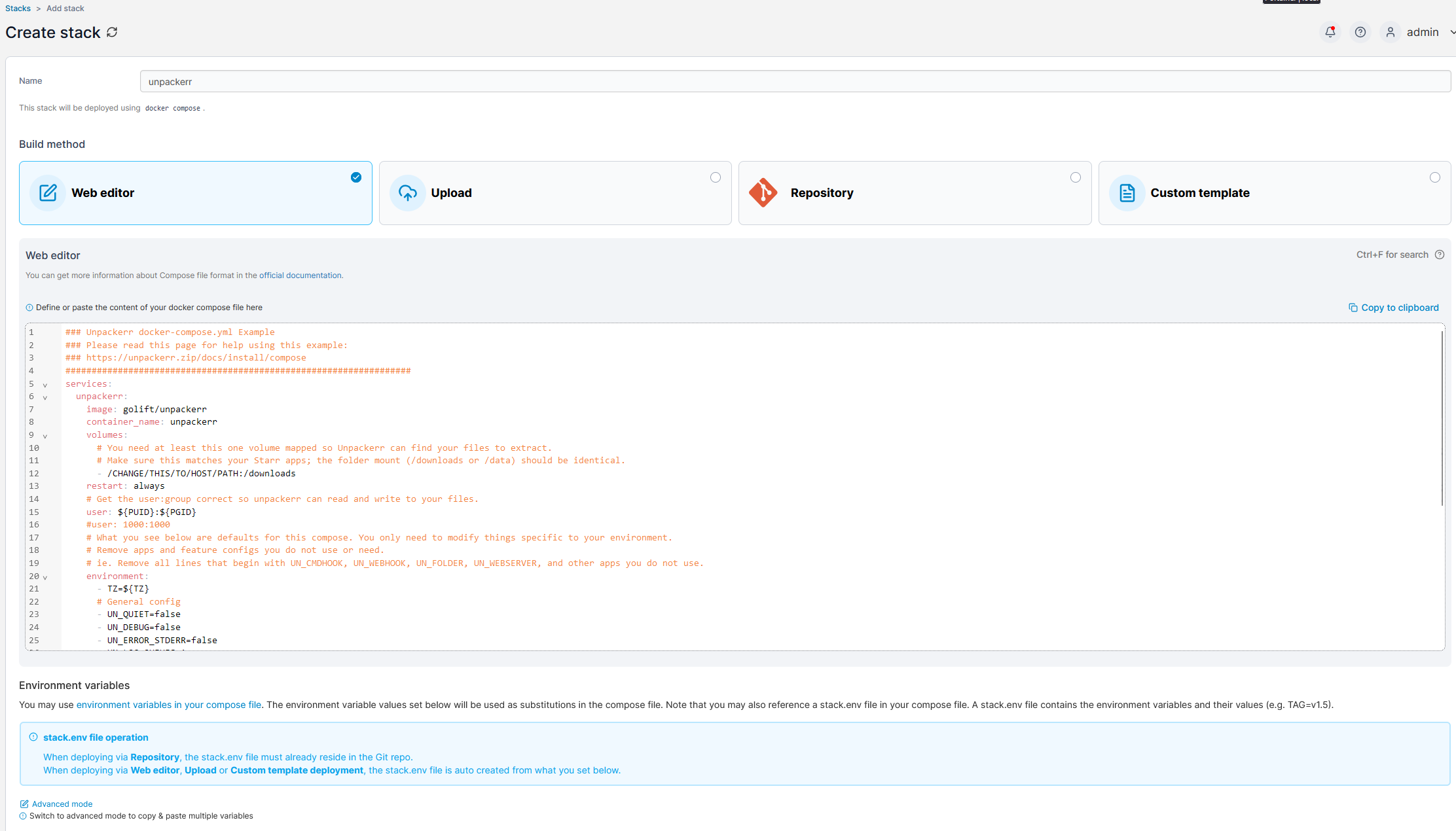 Create Unpackerr Stack